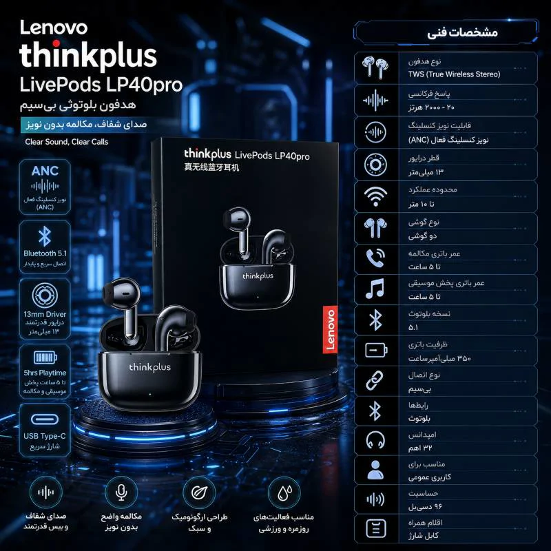 هدفون بلوتوثی لنوو مدل Thinkplus LivePods LP40pro